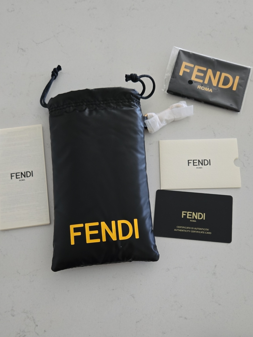 New Never Used Fendi Sunglasses Holder Black Pouch Gold Clasp Authenticity Card
